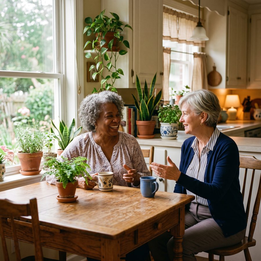 An older adult and a CapAble team member talking together at a kitchen table at home